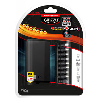 Универсальный адаптер для ноутбуков GiNZZUR GA-4390UL (avto, 90W, LCD, 1xUSB, 12V-24V, 9 DC-IN)
